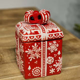 POTE PRESENTE DECORATIVO FLOCO DE NEVE VERMELHO E BRANCO 15CM