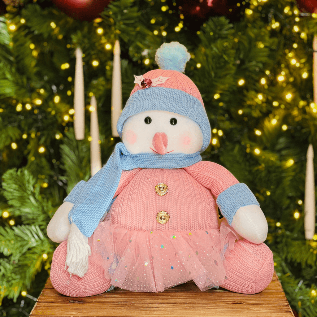 Boneco de Neve Natalino Sentado Rosa e Azul 36cm