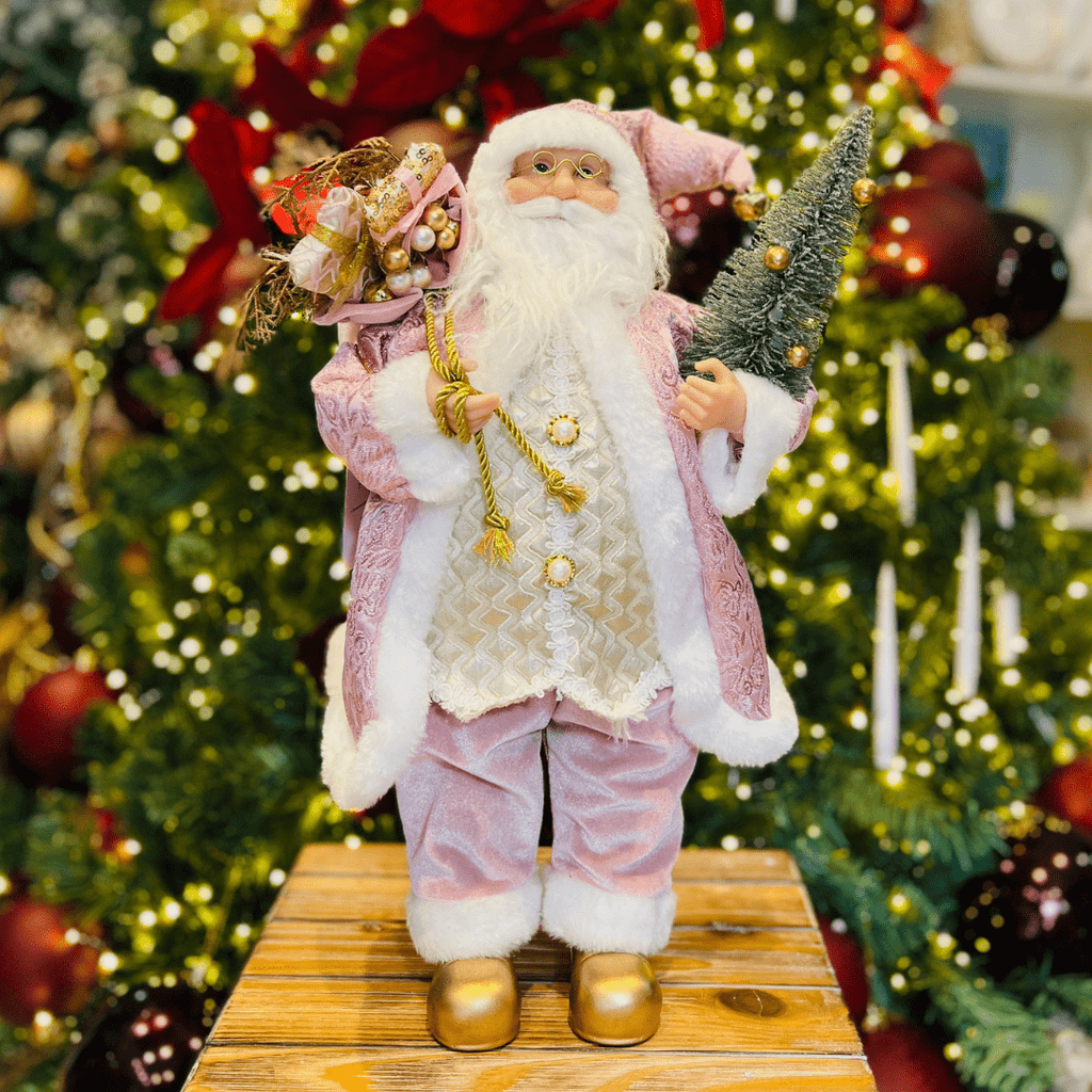 Papai Noel Em Pé Com Presentes Rosa 50cm