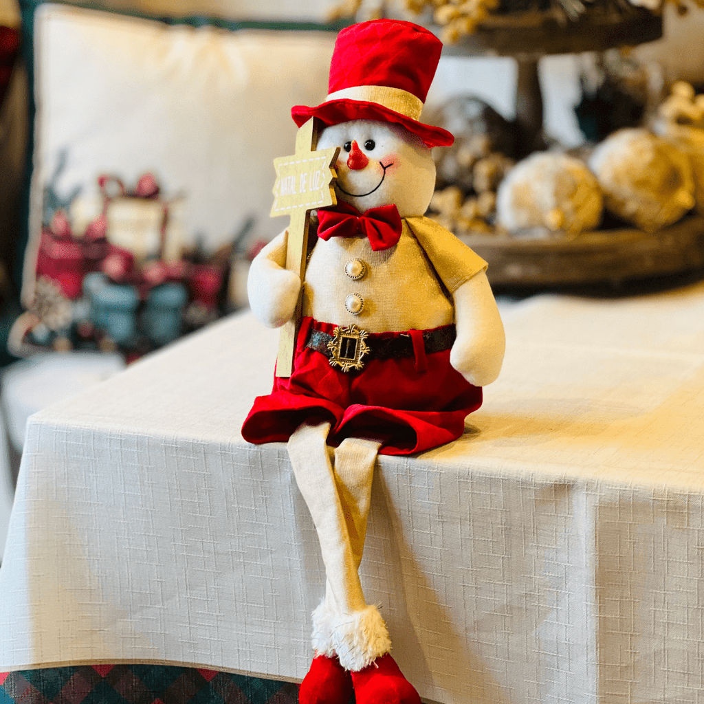 Boneco de Neve Natalino Sentado Vermelho e Dourado 54cm