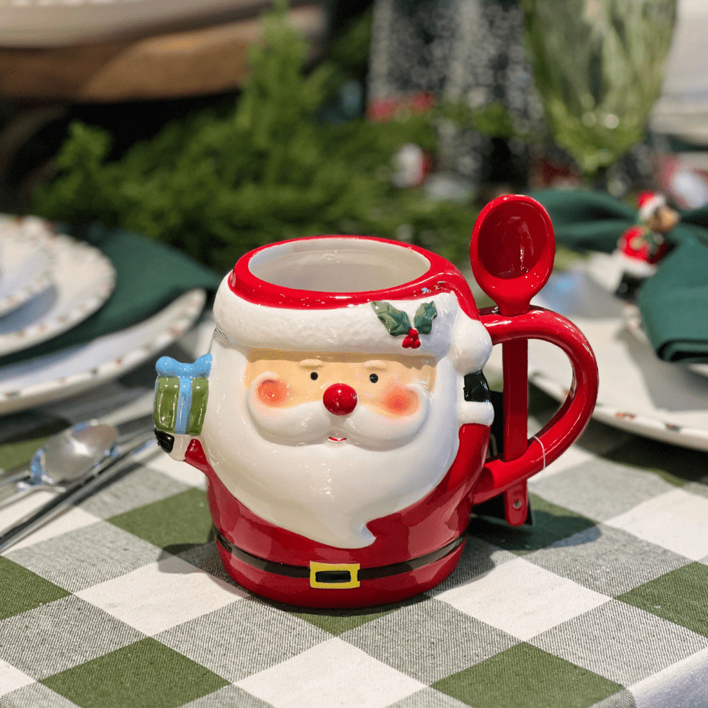 Caneca de Cerâmica Com Colher Papai Noel 300ml 15cm