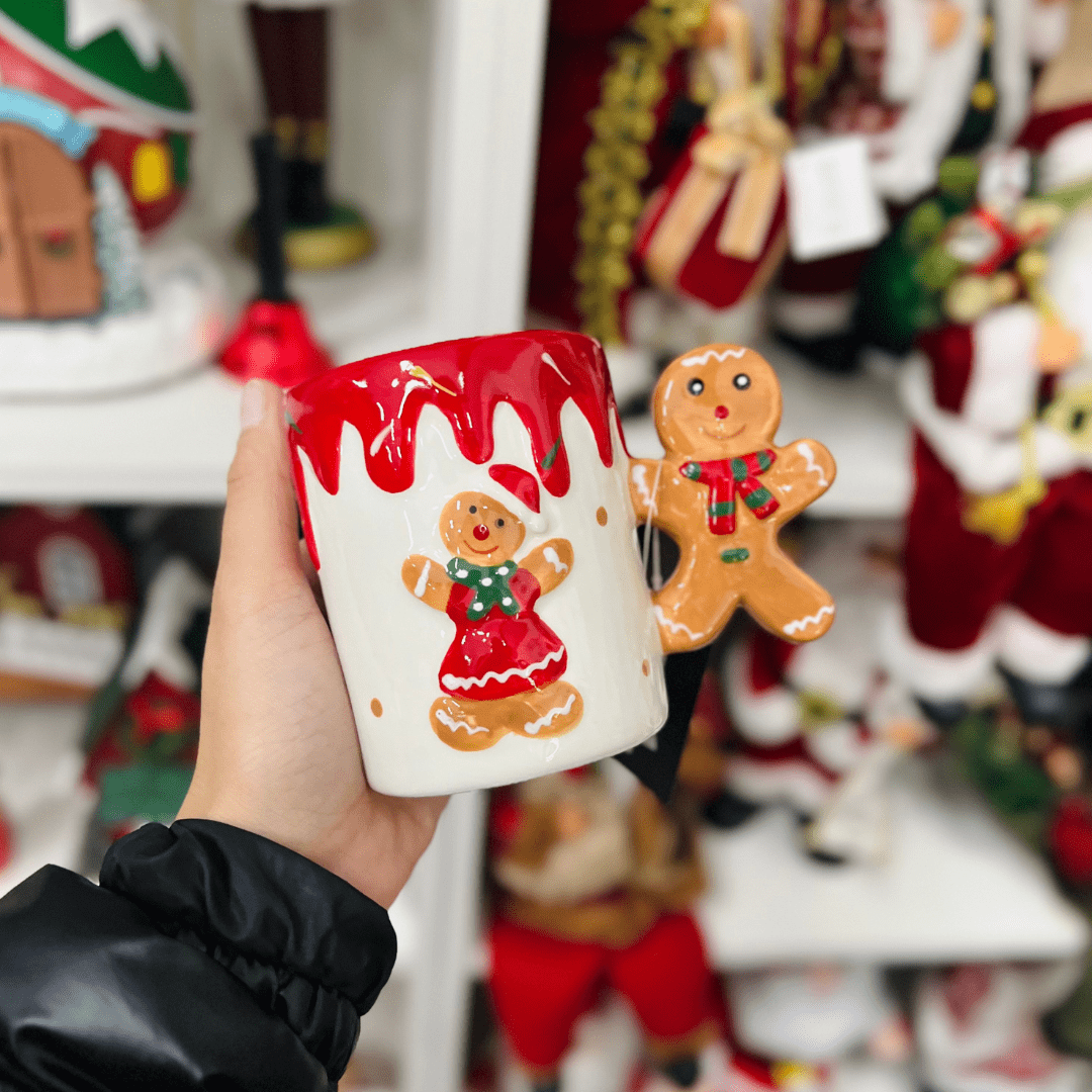 Caneca Natalina de Cerâmica Alça de Gingerbread 280ml 9cm
