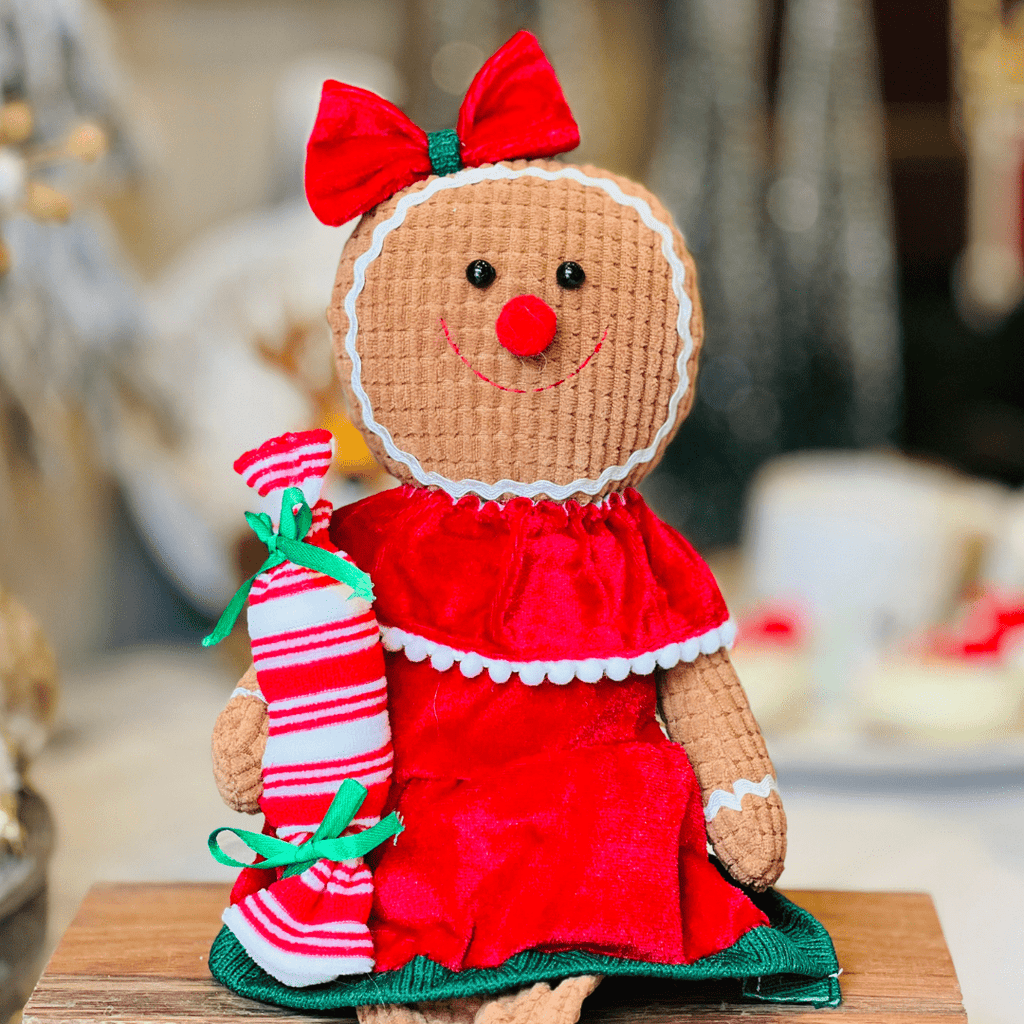 Gingerbread Natalina Menina Com Laço Sentada de Pelúcia 42cm