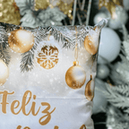 Capa de Almofada Natalina Feliz Natal Dourado e Branco 43cm