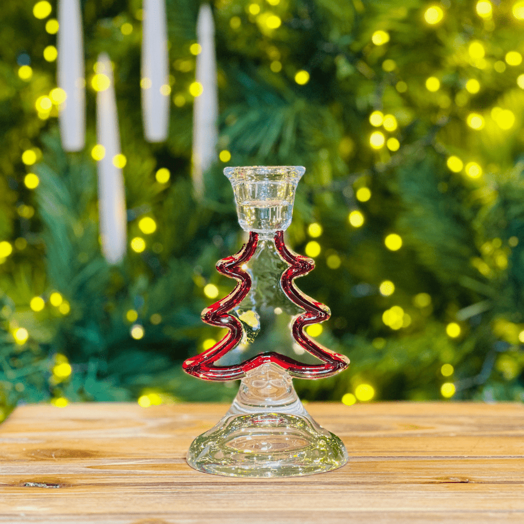 Castiçal Natalino Árvore de Vidro Vermelha 4,3x8,8x15cm