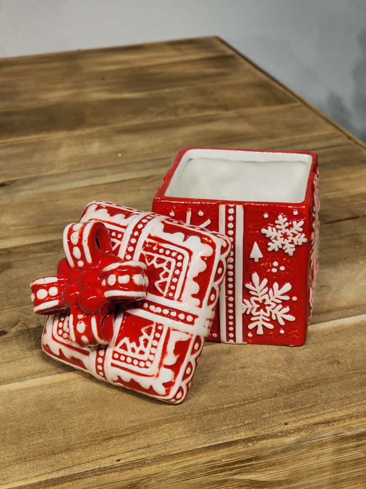 POTE PRESENTE DECORATIVO FLOCO DE NEVE VERMELHO E BRANCO 15CM